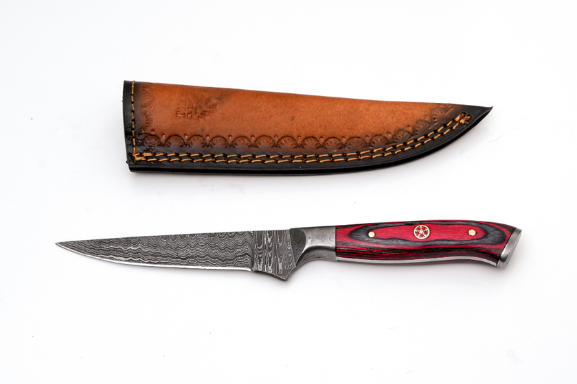 Hand-Forged Damascus Steel Skinning Knife | Red Pakkawood Handle & Mosaic Pin - TK-448