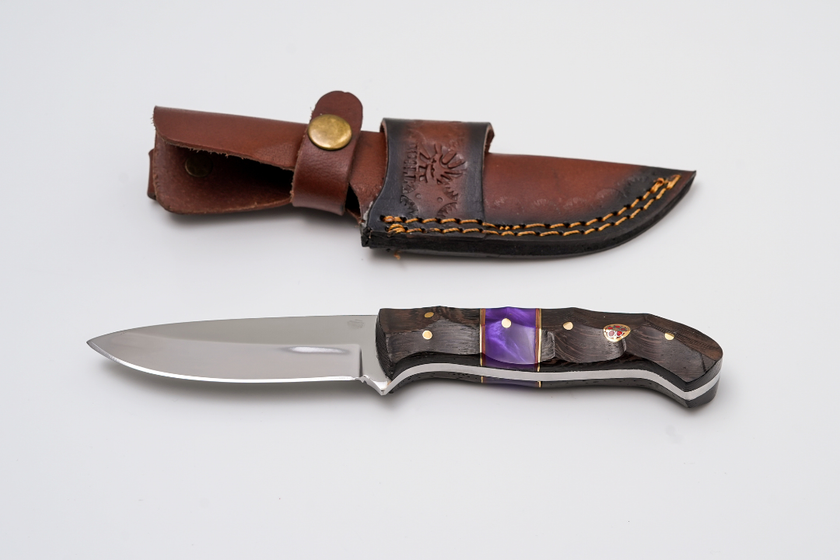 Hand-Forged Satin Finish Hunter | Purple Pearl Resin & Textured Wood Hybrid Handle with Mosaic Pin - TK-449