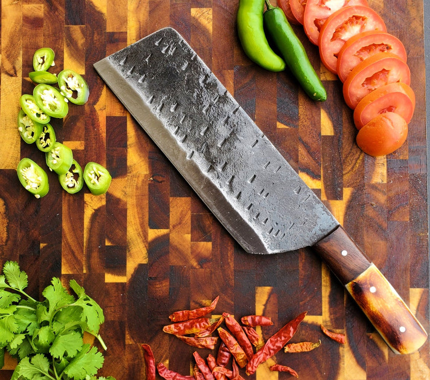 Heavy duty Carbon steel Cleaver / Meat chopper with Burnt Camel bone and walnut handle by Titan (Duty Cleaver)